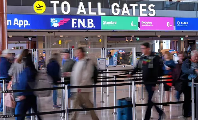 Airline travelers make their way through a TSA checkpoint queue at Pittsburgh International Airport in Imperial, Pa., Monday, March 23, 2026. (AP Photo/Gene J. Puskar)