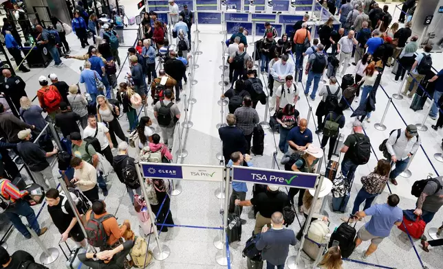 Air travelers progress through the long lines for the TSA security checkpoint in Terminal C at the George Bush Intercontinental Airport, Monday, March 23, 2026, in Houston. (AP Photo/Michael Wyke)