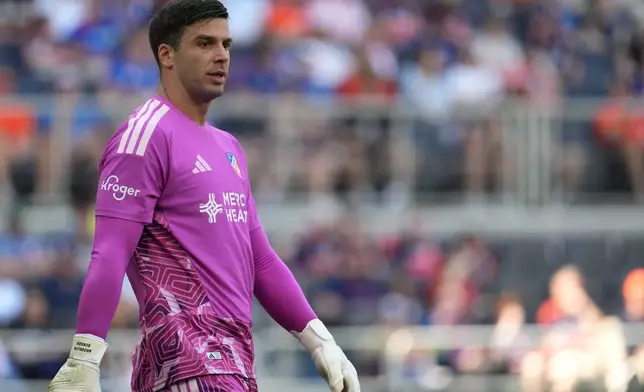 FC Cincinnati goalkeeper Evan Louro starts in place of injured goalkeeper Roman Celentano during the first half of an MLS soccer match against CF Montréal, Sunday, March 22, 2026, in Cincinnati. (AP Photo/Kareem Elgazzar)