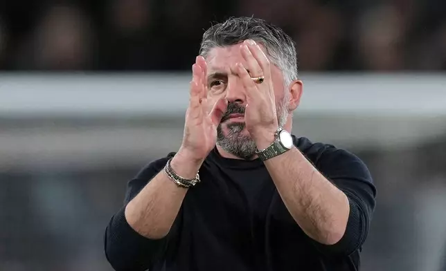 Italy coach Gennaro Gattuso celebrates after the World Cup qualifying play-off soccer match between Italy and Northern Ireland, in Bergamo, Italy, Thursday, March 26, 2026. (AP Photo/Antonio Calanni)