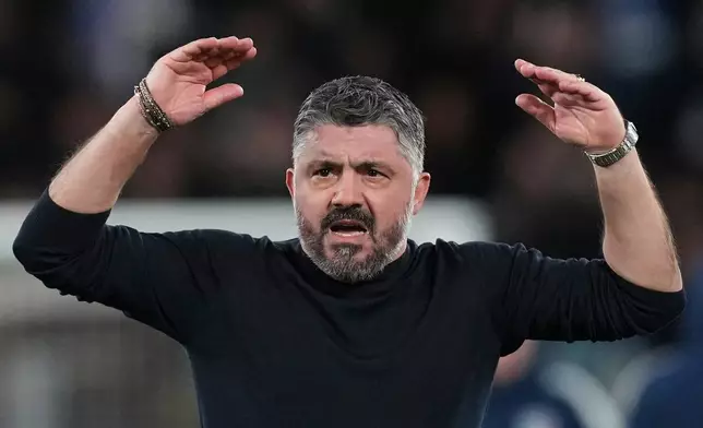 Italy coach Gennaro Gattuso celebrates after the World Cup qualifying play-off soccer match between Italy and Northern Ireland, in Bergamo, Italy, Thursday, March 26, 2026. (AP Photo/Antonio Calanni)