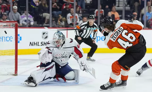 Philadelphia Flyers' Trevor Zegras (46) scores past Washington Capitals goaltender Logan Thompson during the second period of an NHL hockey game, Wednesday, March 11, 2026, in Philadelphia. (AP Photo/Matt Rourke)