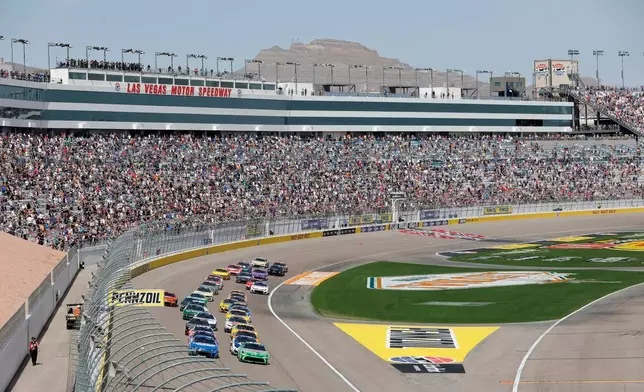 Drives head into Turn 1 after a restart during a NASCAR Cup Series auto race at Las Vegas Motor Speedway, Sunday, March 15, 2026, in Las Vegas. (AP Photo/Steve Marcus)