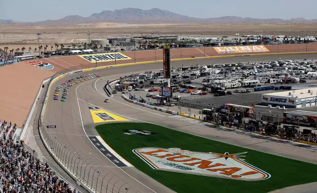 Drivers prepare for the green flag at the start of a NASCAR Cup Series auto race at Las Vegas Motor Speedway, Sunday, March 15, 2026, in Las Vegas. (AP Photo/Steve Marcus)