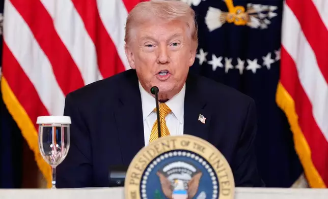 President Donald Trump speaks during a board meeting of the John F. Kennedy Memorial Center For The Performing Arts in the East Room of the White House, Monday, March 16, 2026, in Washington. (AP Photo/Alex Brandon)