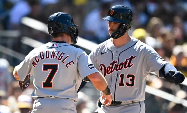 Detroit Tigers' Dillon Dingler (13) is congratulated by Kevin McGonigle (7) after hitting a two-run home run during the fifth inning of an opening-day baseball game against the San Diego Padres Thursday, March 26, 2026, in San Diego. (AP Photo/Denis Poroy) CORRECTS SPELLING OF McGonigle from McGonigal.