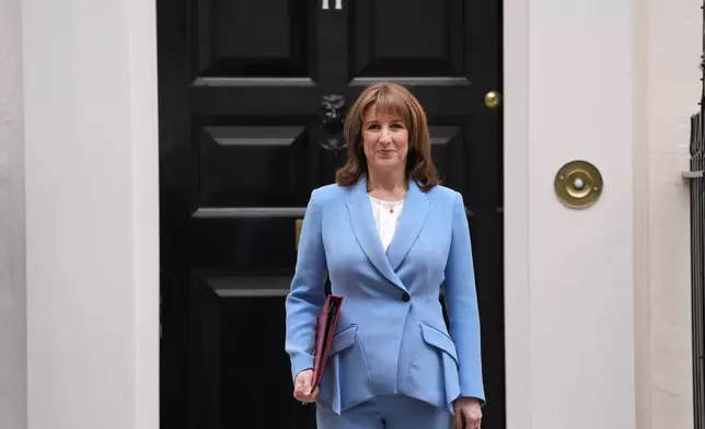Britain's Chancellor of the Exchequer Rachel Reeves leaves 11 Downing Street to deliver the Spring Statement in London, Tuesday, March 3, 2026.(AP Photo/Kin Cheung)