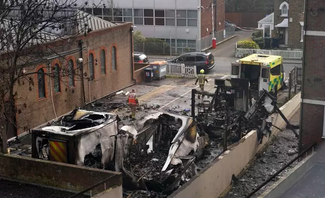 View at burnt Ambulances in a car park at Golders Green in London, Monday, March 23, 2026 after an apparent arson attack on four vehicles belonging to a Jewish ambulance service, Hatzola Northwest, in London.(AP Photo/Alberto Pezzali)
