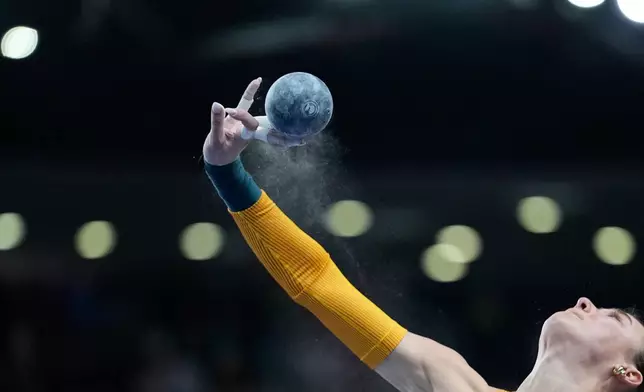 Sandrina Sprengel, of Germany, makes an attempt in the pentathlon shot put at the World Athletics Indoor Championships in Torun, Poland, Sunday, March 22, 2026. (AP Photo/Matthias Schrader)