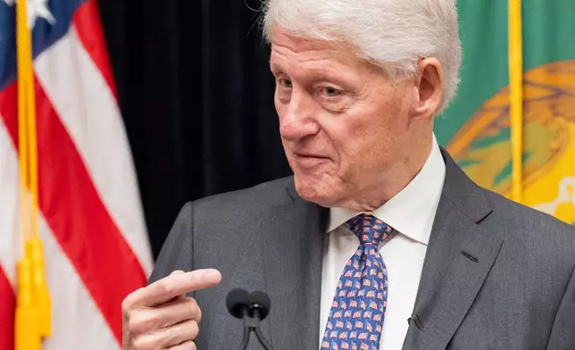 FILE - Former President Bill Clinton speaks in the Cash Room of the Treasury Department during an event for the anniversary of the Community Development Financial Institutions Fund,, Nov. 21, 2024, in Washington. (AP Photo/Jacquelyn Martin, File)