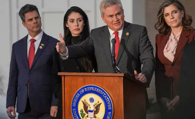 Rep. James Comer, R-Ky., speaks outside the Chappaqua Performing Arts Center where former President Bill Clinton was testifying before U.S. House lawmakers as part of a congressional investigation into convicted sex offender Jeffrey Epstein, Friday, Feb. 27, 2026, in Chappaqua, N.Y. (AP Photo/Angelina Katsanis)