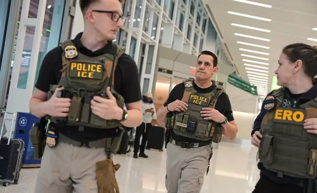 Federal immigration agents are seen at Newark Liberty International Airport, Monday, March 23, 2026, in Newark, N.J. (AP Photo/Angelina Katsanis)