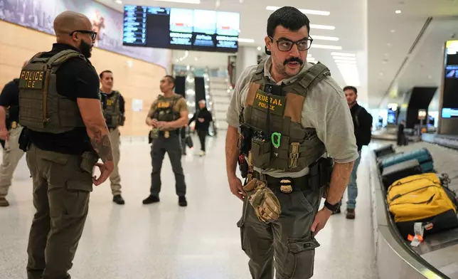 Federal immigration agents are seen at Newark Liberty International Airport, Monday, March 23, 2026, in Newark, N.J. (AP Photo/Angelina Katsanis)