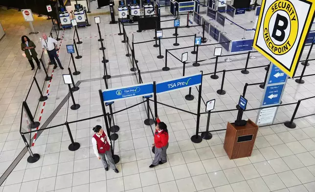 A closed security checkpoint is seen empty at Baltimore/Washington International Thurgood Marshall Airport in Baltimore, Monday, March 23, 2026. (AP Photo/Stephanie Scarbrough)