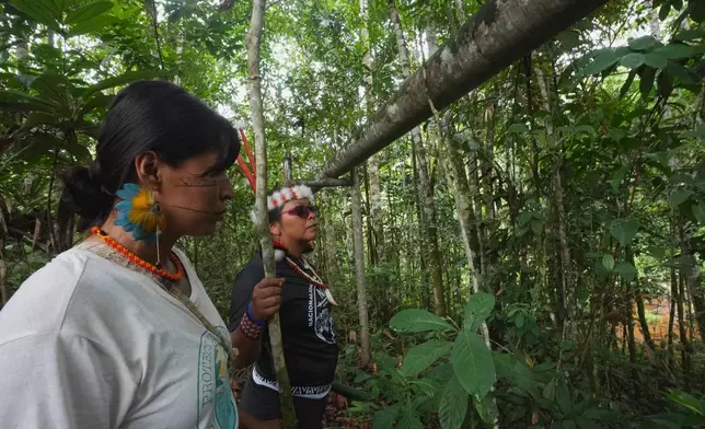 Toa Alvarado, left, and Ene Nenquimo walk near an oil pipeline that cuts through the rainforest in Sucumbios, Ecuador, Friday, March 6, 2026. (AP Photo/Dolores Ochoa)