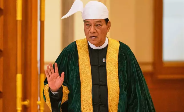 Myanmar's Lower House Speaker Khin Yi arrives to attend a session at the Lower House of Parliament in Naypyitaw, Myanmar, Monday, March 30, 2026. (AP Photo/Aung Shine Oo)