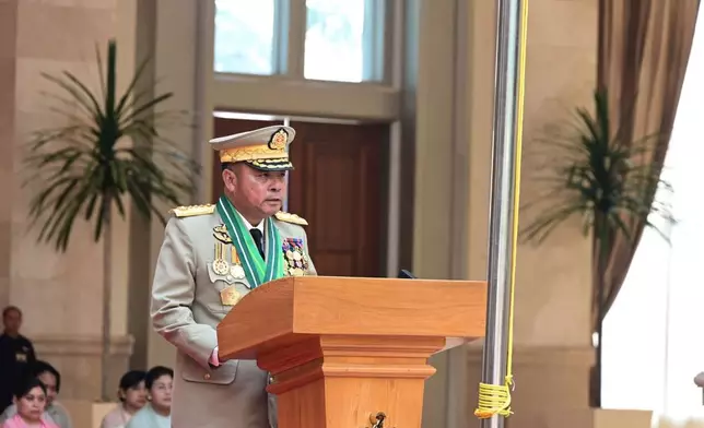 In this photo provided by Myanmar Military True News Information Team, newly appointed Commander-in-Chief Gen. Ye Win Oo speaks during a ceremony Monday, March 30, 2026, in Naypyitaw, Myanmar. (Myanmar Military True News Information Team via AP)