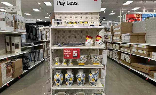 Products sit on display at a Target store, Monday, March 2, 2026, in Edina, Minn. (AP Photo/Anne D'Innocenzio)