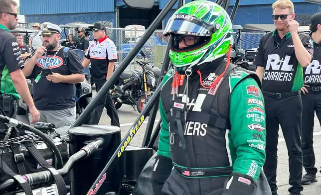 NHRA driver Tony Stewart gets ready for a qualifying run at the Gatornationals, Saturday, March 7, 2026, in Gainesville, Fla. (AP Photo/Mark Long)