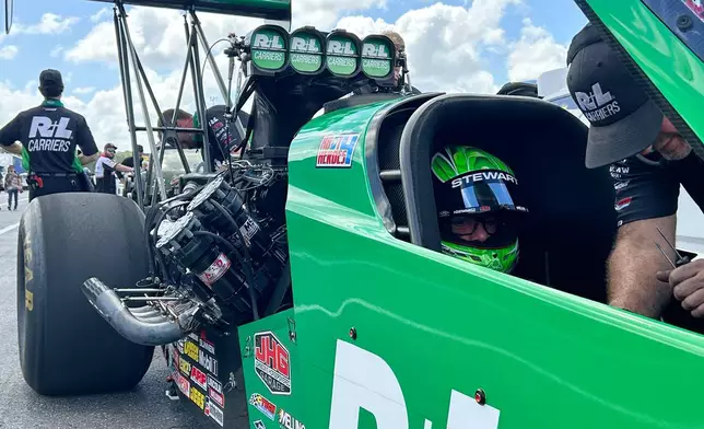 NHRA driver Tony Stewart awaits a qualifying run at the Gatornationals, Saturday, March 7, 2026, in Gainesville, Fla. (AP Photo/Mark Long)