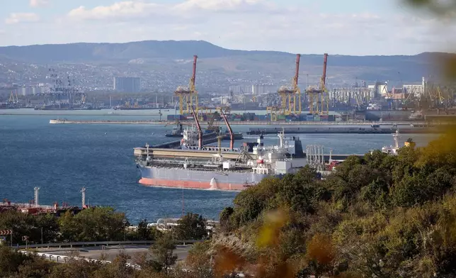 FILE - An oil tanker is moored at the Sheskharis complex in Novorossiysk, Russia, Tuesday, Oct. 11, 2022. (AP Photo, File)