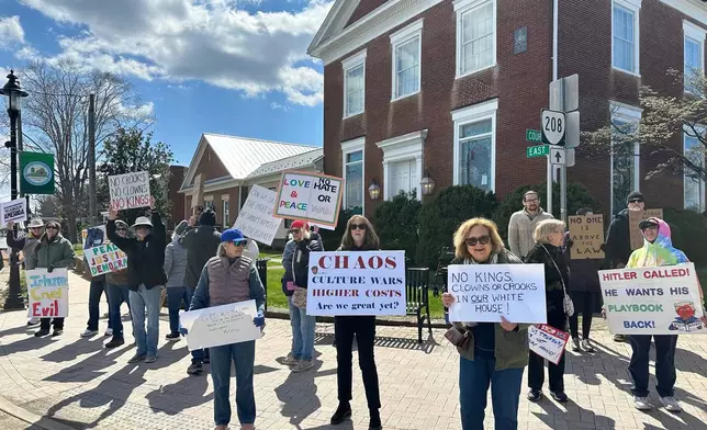 Demonstrators wave signs at drivers during a "No Kings" protest in Louisa County, Va., on Saturday, March 28, 2026. (AP Photo/Olivia Diaz)