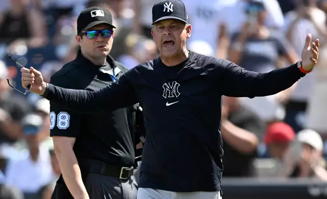 FILE - New York Yankees manager Aaron Boone, front, reacts after getting ejected by home plate umpire Adam Beck (38) during the eighth inning of a baseball game against the Tampa Bay Rays, April 20, 2025, in Tampa, Fla. (AP Photo/Phelan M. Ebenhack, File)