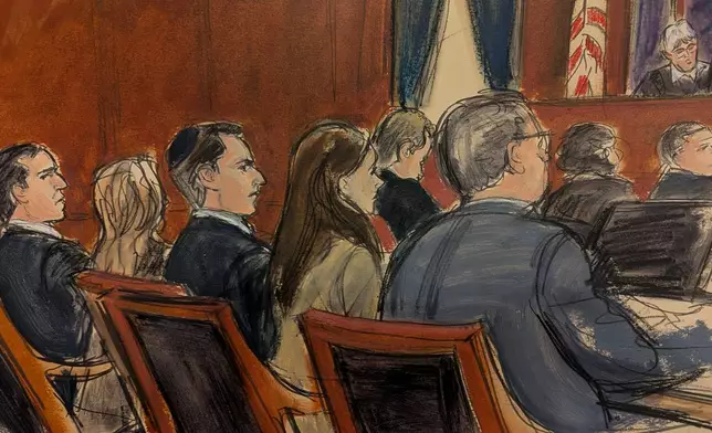 In this courtroom sketch, from left, Alon Alexander, Oren Alexander, defense attorney Teny Geragos, Tal Alexander, and Marc Agnifilo, listen for the verdict in Manhattan federal court with Judge Valerie Caproni presiding on the bench, Monday, March 9, 2026, in New York. (Elizabeth Williams via AP)