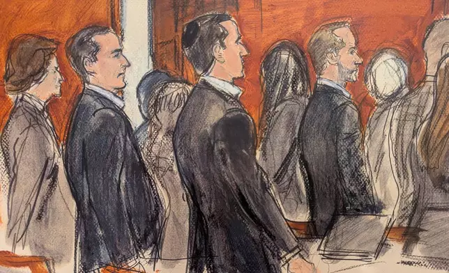 In this courtroom sketch, Alon Alexander, second from left, Oren Alexander, center, and Tal Alexander, watch the jury file out of the courtroom after the verdict was read in Manhattan federal court, Monday, March 9, 2026, in New York. (Elizabeth Williams via AP)