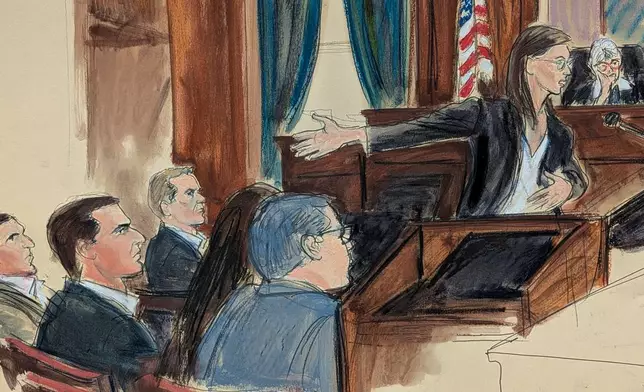 FILE - In this courtroom sketch, assistant U.S. Attorney Madison Smyser gestures to Alon Alexander, Oren Alexander and Tal Alexander as she presents her opening statement with Judge Valerie Caproni presiding on the bench in Manhattan federal court in New York, on Jan. 27, 2026. (Elizabeth Williams via AP, File)