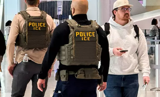 Federal immigration agents walk through Terminal A at Newark International Airport (EWR) in New Jersey, Tuesday, March 24, 2026. (AP Photo/Eduardo Munoz Alvarez)