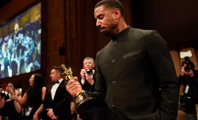 Michael B. Jordan, winner of the award for best actor in a leading role for "Sinners," attends the Governors Ball after the Oscars on Sunday, March 15, 2026, in Los Angeles. (AP Photo/John Locher)