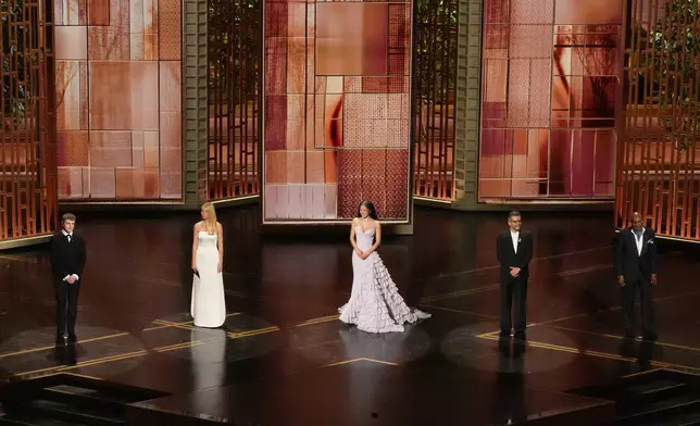 Paul Mescal, from far left, Gwyneth Paltrow, Chase Infiniti, Wagner Moura, and Delroy Lindo present the award for best casting during the Oscars on Sunday, March 15, 2026, at the Dolby Theatre in Los Angeles. (AP Photo/Chris Pizzello)