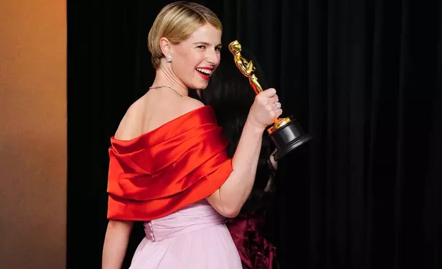 Jessie Buckley, winner of the award for actress in a leading role for "Hamnet," poses in the press room at the Oscars on Sunday, March 15, 2026, at the Dolby Theatre in Los Angeles. (Photo by Jordan Strauss/Invision/AP)