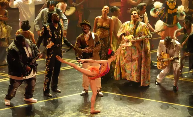Christone "Kingfish" Ingram, from left, Shaboozey, Miles Caton, Misty Copeland, Brittany Howard, and Raphael Saadiq perform a tribute to "Sinners" during the Oscars on Sunday, March 15, 2026, at the Dolby Theatre in Los Angeles. (AP Photo/Chris Pizzello)