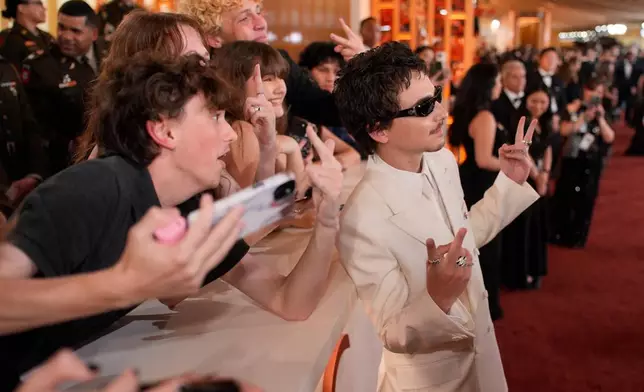 Timothee Chalamet arrives at the Oscars on Sunday, March 15, 2026, at the Dolby Theatre in Los Angeles. (AP Photo/John Locher)
