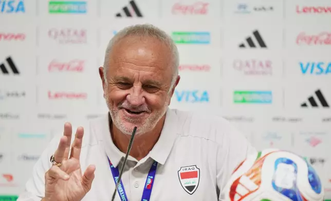 Iraq coach Graham Arnold speaks during a news conference ahead of a World Cup 2026 qualifying soccer match against Bolivia in Monterrey, Mexico, Monday, March 30, 2026. (AP Photo/Fernando Llano)