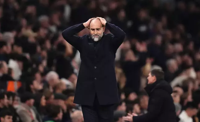 Tottenham Hotspur manager Igor Tudor reacts on the touchline during the English Premier League soccer match between Tottenham Hotspur and Crystal Palace in London, Thursday March 5, 2026. (John Walton/PA via AP)