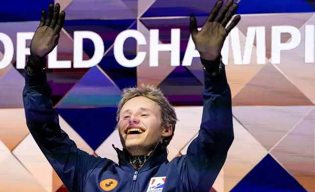 Ilia Malinin from the United States reacts while awaiting his scores during the men free skating at the Figure Skating World Championships in Prague, Czech Republic, Saturday, March 28, 2026. (AP Photo/Petr David Josek)