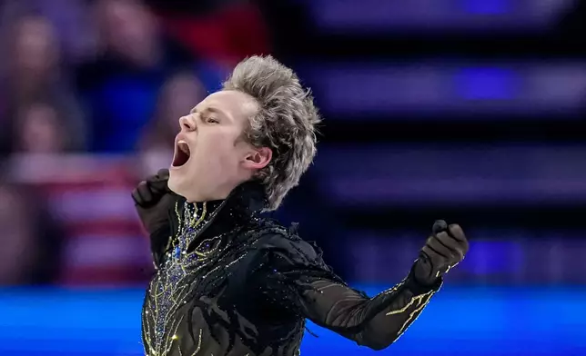 Ilia Malinin from the United States reacts at the end of his routine during the men free skating at the Figure Skating World Championships in Prague, Czech Republic, Saturday, March 28, 2026. (AP Photo/Petr David Josek)