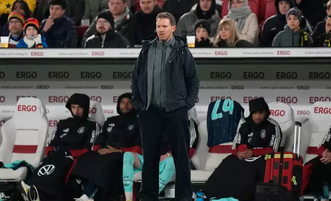 Head coach Julian Nagelsmann of Germany reacts during an international friendly soccer match between Germany and Ghana in Stuttgart, Germany, Monday, March 30, 2026. (AP Photo/Matthias Schrader)