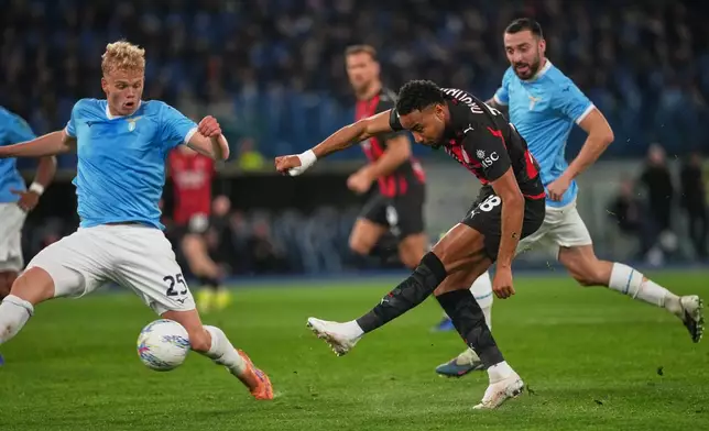 AC Milan's Christopher Nkunku makes an attempt to score during a Serie A soccer match between Lazio and Milan, in Rome, Italy, Sunday, March 15, 2026. (AP Photo/Andrew Medichini)