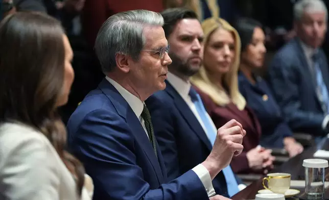 Treasury Secretary Scott Bessent speaks during a Cabinet meeting at the White House, Thursday, March 26, 2026, in Washington. (AP Photo/Alex Brandon)