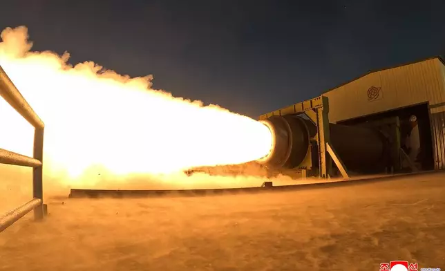 This undated photo provided on March 29, 2026 by the North Korean government, shows what it says a solid-fuel engine test at an undisclosed place in North Korea. Independent journalists were not given access to cover the event depicted in this image distributed by the North Korean government. The content of this image is as provided and cannot be independently verified. Korean language watermark on image as provided by source reads: "KCNA" which is the abbreviation for Korean Central News Agency. (Korean Central News Agency/Korea News Service via AP)