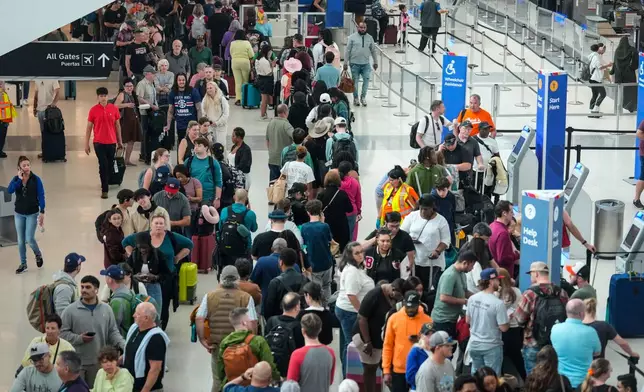 Airline passengers wait in long lines to get through the TSA security screening at William P. Hobby Airport in Houston, Sunday, March 8, 2026. (Brett Coomer/Houston Chronicle via AP)