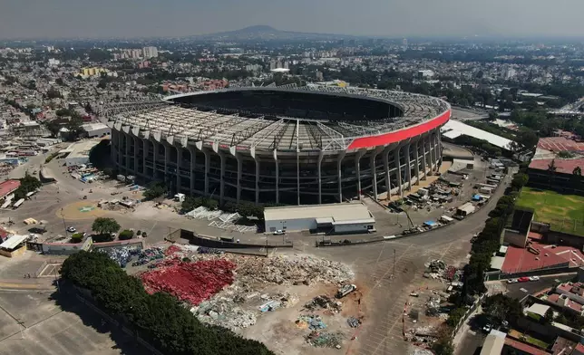 The Azteca Stadium sits in Mexico City, 100 days before the opening ceremony of the 2026 FIFA soccer World Cup, Tuesday, March 3, 2026. (AP Photo/Fernando Llano)