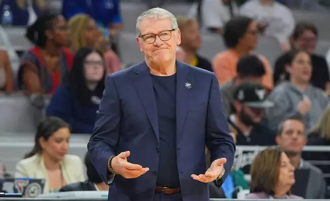 UConn head coach Geno Auriemma reacts against the Notre Dame during the first half in the Elite Eight of the NCAA college basketball tournament, Sunday, March 29, 2026, in Fort Worth, Texas. (AP Photo/LM Otero)