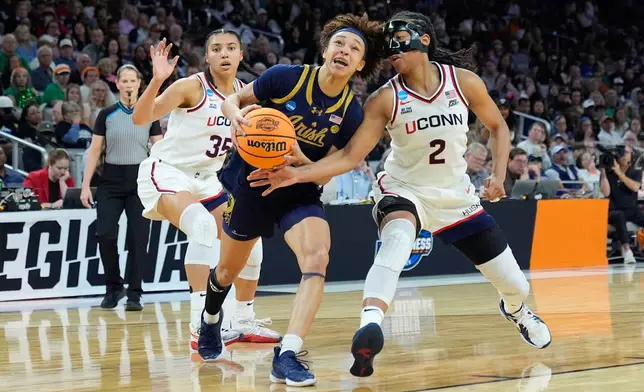 Notre Dame guard Hannah Hidalgo, center, drives against UConn guard KK Arnold (2) and guard Azzi Fudd (35) during the second half in the Elite Eight of the NCAA college basketball tournament, Sunday, March 29, 2026, in Fort Worth, Texas. (AP Photo/Tony Gutierrez)