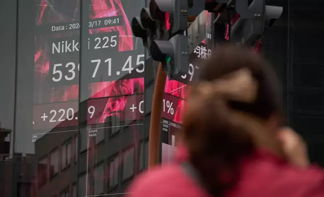 A person stands near a stock price monitor showing Nikkei 225 index at a security company Tuesday, March 17, 2026, in Tokyo. (AP Photo/Eugene Hoshiko)