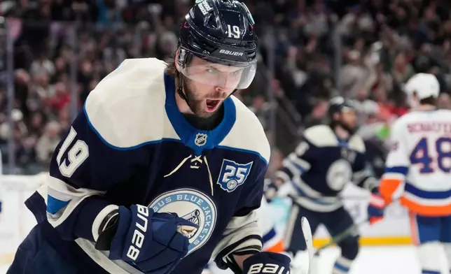 Columbus Blue Jackets center Adam Fantilli (19) celebrates after scoring in the second period of an NHL hockey game against the New York Islanders in Columbus, Ohio, Saturday, Feb. 28, 2026. (AP Photo/Sue Ogrocki)